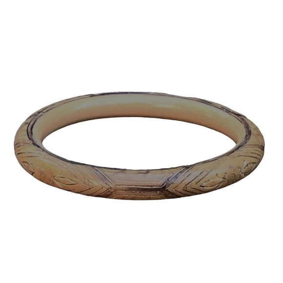 Unique Antique Engraved Amber Bangle Bracelet "Japanned" Gilded - Picture 9 of 11